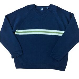 Vintage 100% Wool GAP Men's Navy V-Neck Sweater with White and Green Stripes